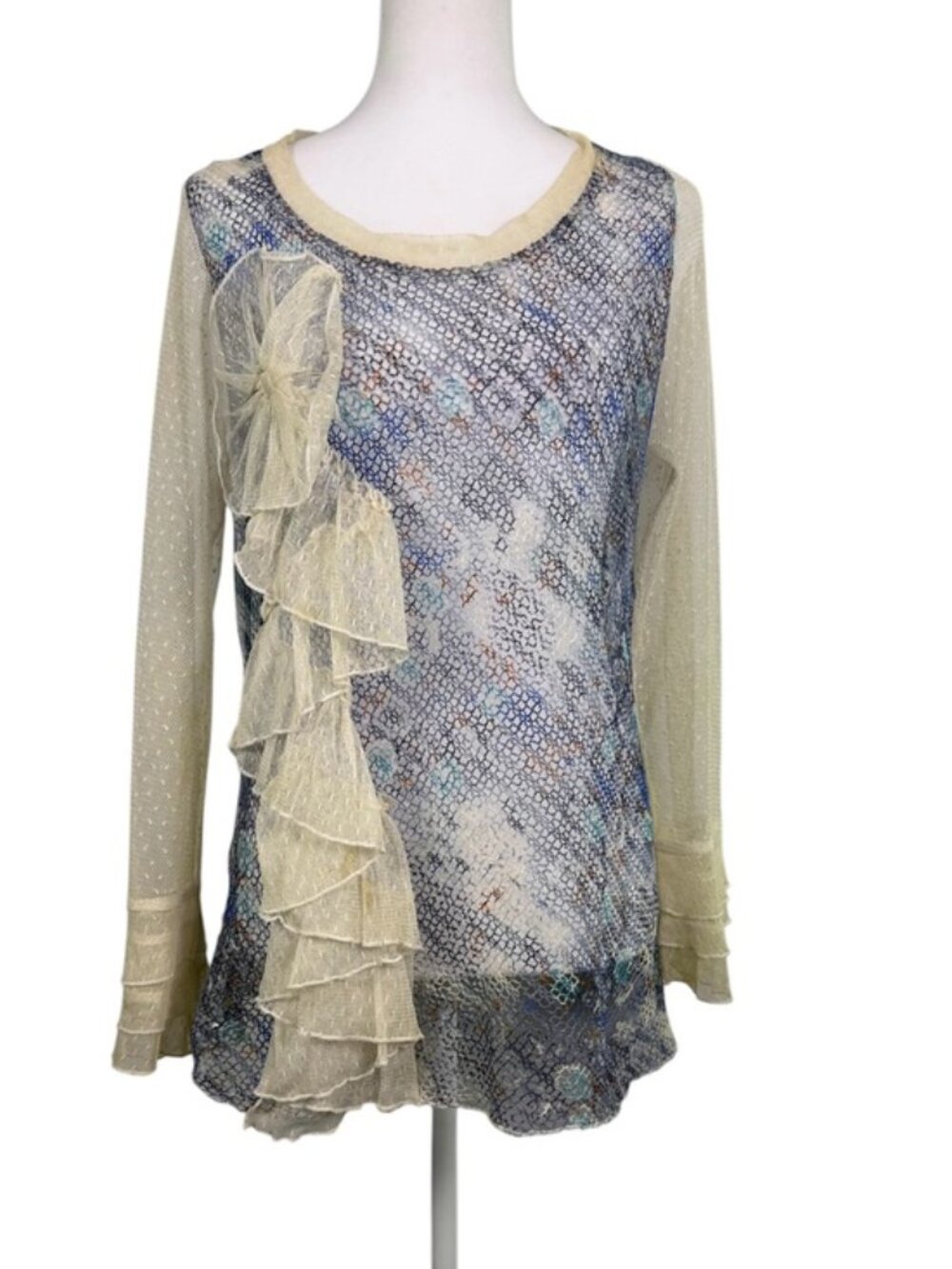 Farinelli Blue Ivory Mesh Ruffle Tunic Top L Boho Lagenlook Artwear - Picture 2 of 11